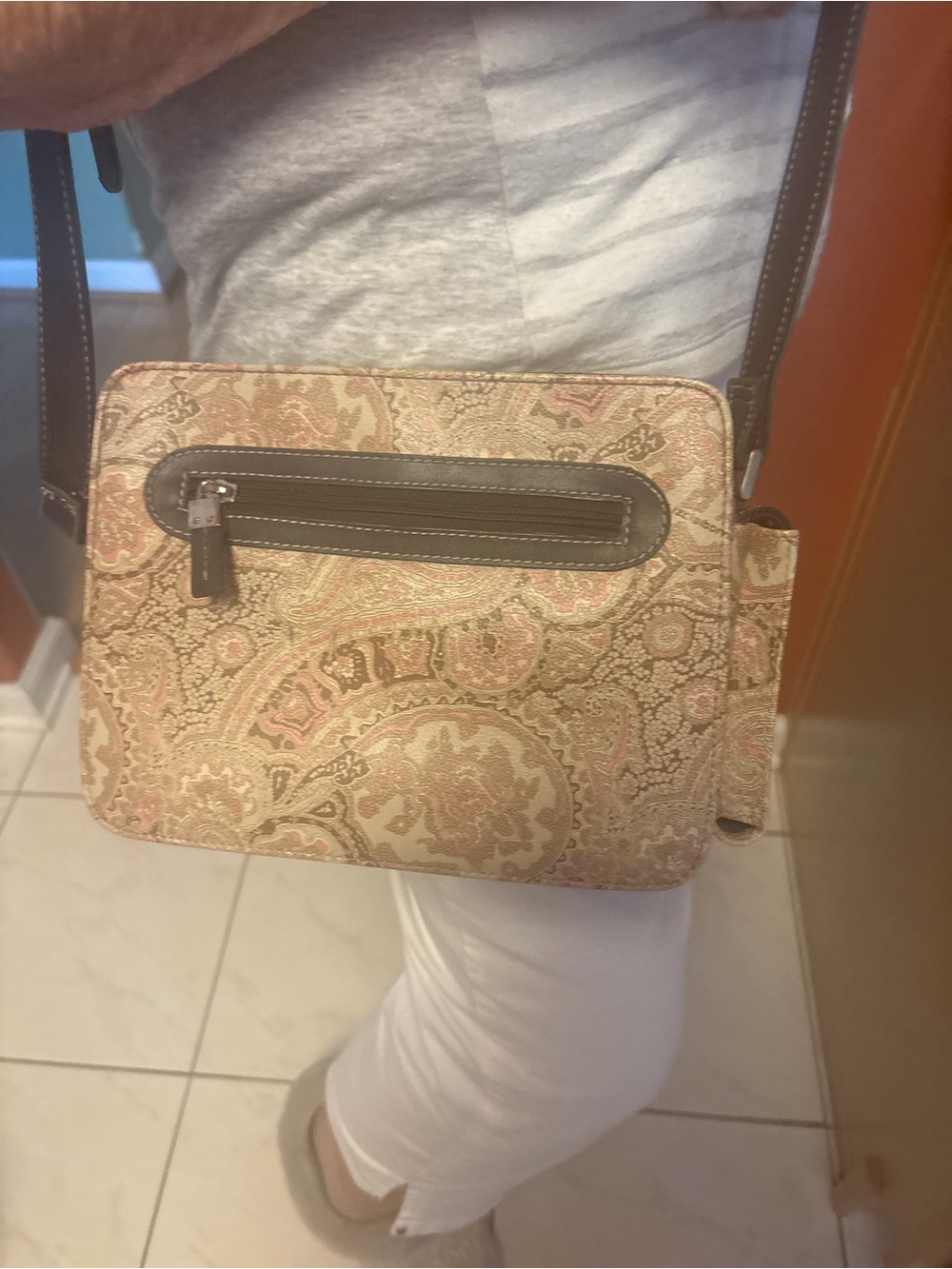 Paisley Pattern Crossbody Bag in Beige and Pink with Leather Trim